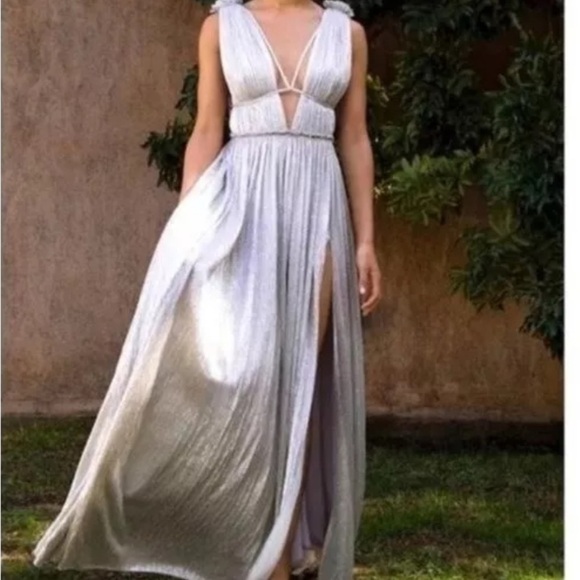 JONATHAN SIMKHAI SILVER PLUNGE NECK LONG DRESS SIZE M - Picture 2 of 9